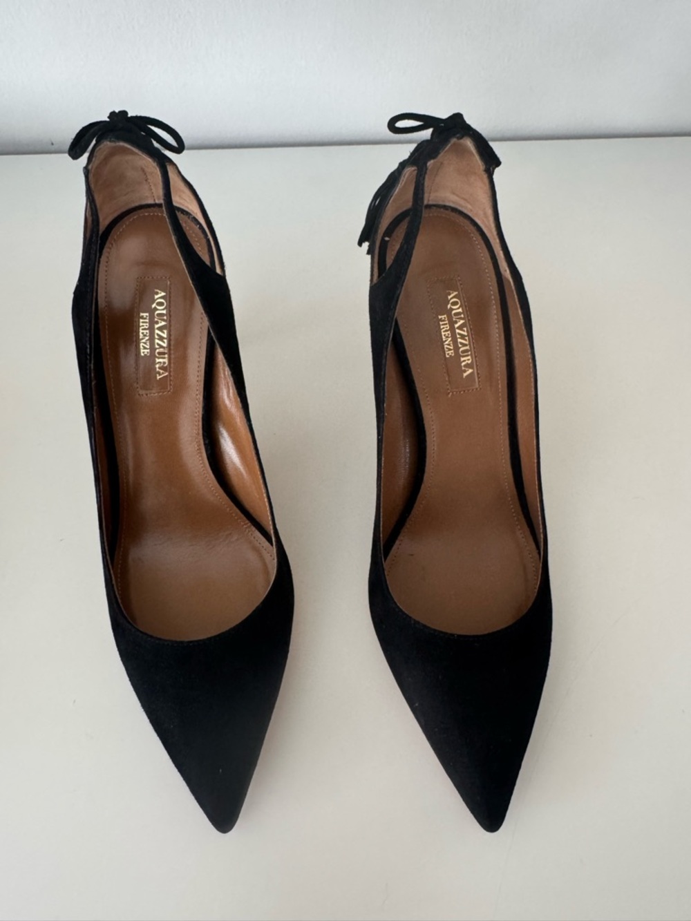 Aquazzura Black Suede Pointed Tie-Back Pumps
